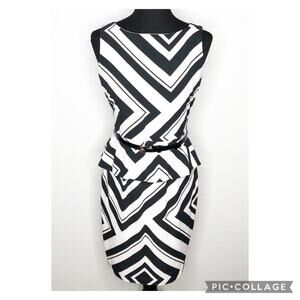 Cache black white chevron peplum belted sleeveless sheath dress size 6 NWOT